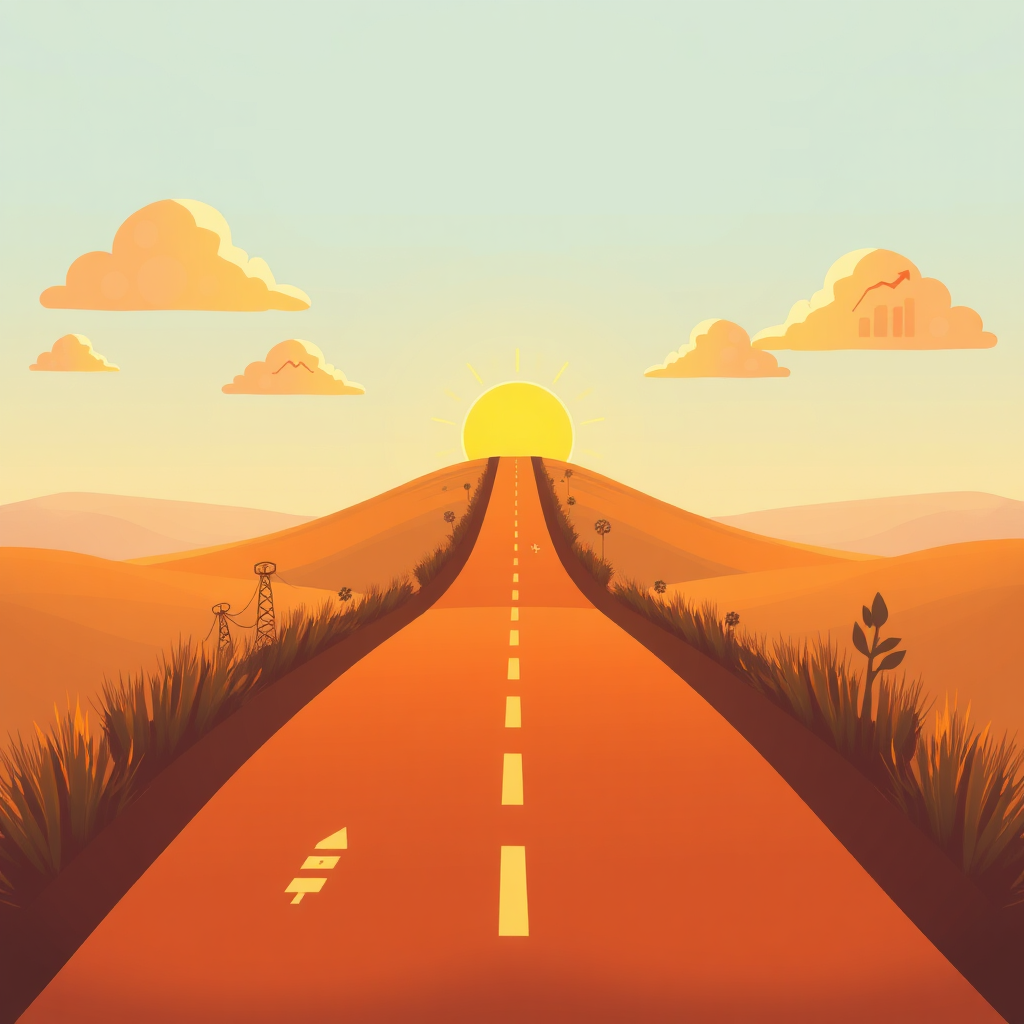 Illustrate a path leading towards a bright horizon, symbolizing the journey of success. The road should be lined with success-driven icons and elements, like growth charts. Use a warm color scheme to evoke motivation and positivity. The perspective should create depth, inviting viewers to envision their journey ahead. Include a sun or light burst at the end to represent hope and opportunity.