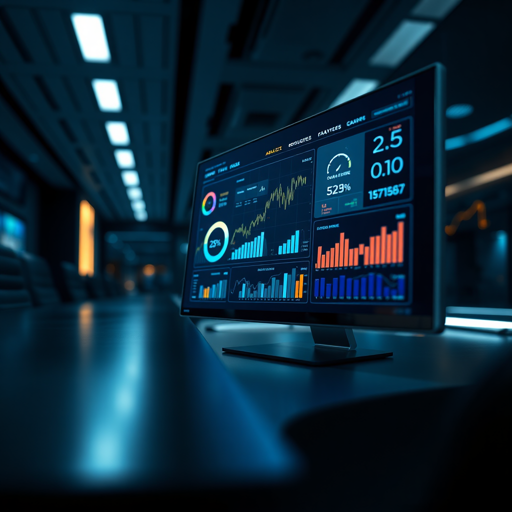 Visualize a close-up of a digital dashboard displaying analytics and sales figures on a sleek, modern screen. The environment should have a futuristic office feel, with a soft glow from the screen illuminating the surroundings. Use a dark color palette with vibrant screen colors to highlight the data, creating a sense of high-tech efficiency. The camera angle should focus on the dashboard's details, emphasizing clarity and modernity. Make it photorealistic.