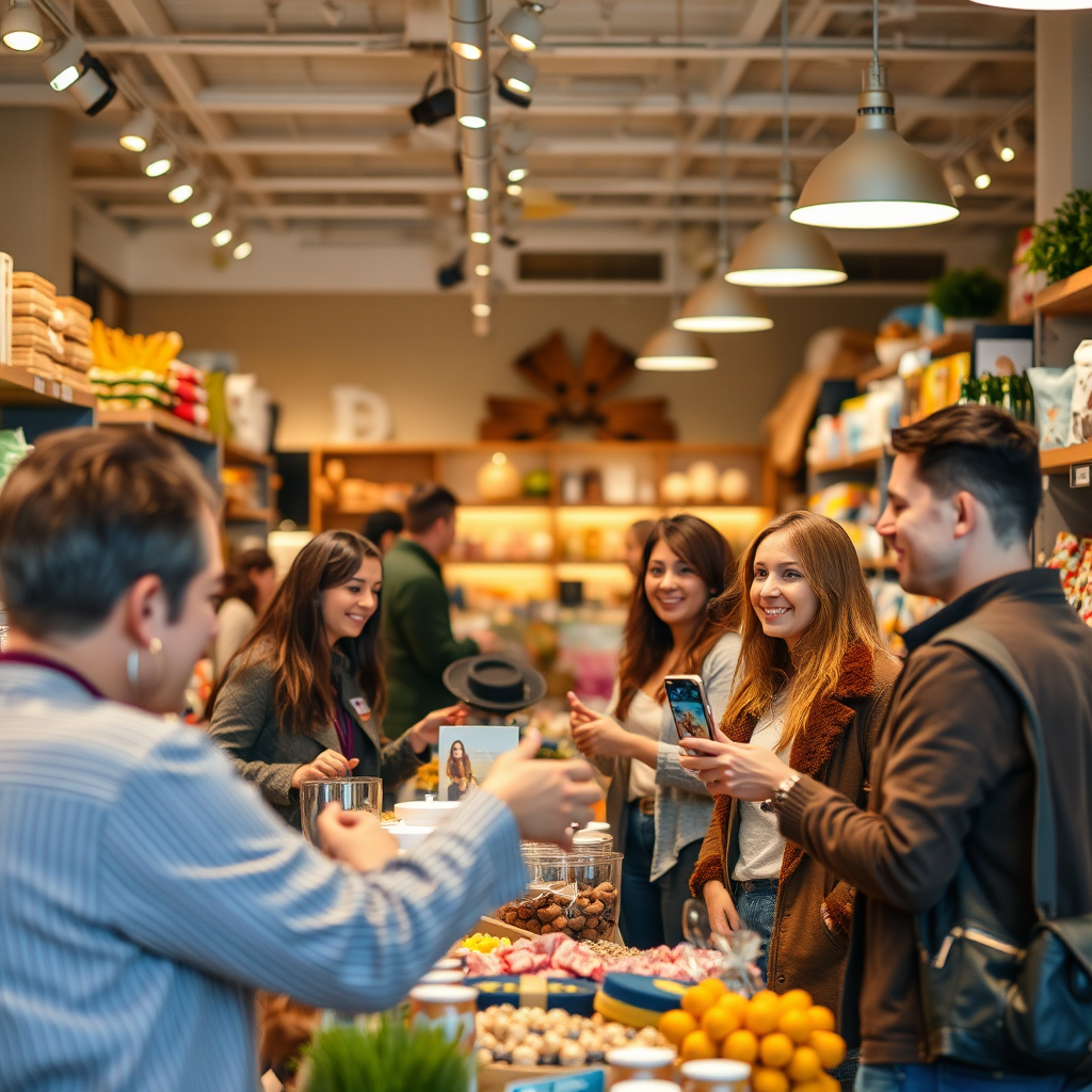 Visualize a thriving retail space with happy customers engaging with products. The environment should exude warmth and satisfaction, with bright lighting enhancing the inviting atmosphere. Focus on showcasing variety by including diverse product displays. Use a dynamic angle that demonstrates movement and interaction among customers to signify sales activity. Capture the essence of community and positivity.
