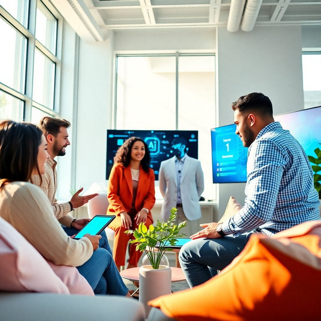 A high-quality image representing the essence of an AI agency, featuring a diverse team brainstorming in a bright, modern office. The composition highlights a collaborative environment with digital screens showcasing AI-driven solutions. Natural light pours in through large windows, illuminating the scene. The color palette balances soft whites and vibrant accent colors, creating an inviting atmosphere. The camera angle focuses on the team engaged in discussion, highlighting their enthusiasm and creativity. Texture details show soft furnishings and modern decor that complement the technological theme. The environment includes interactive screens and AI devices. The style aims for a contemporary office vibe, shot in 4K resolution for high clarity.