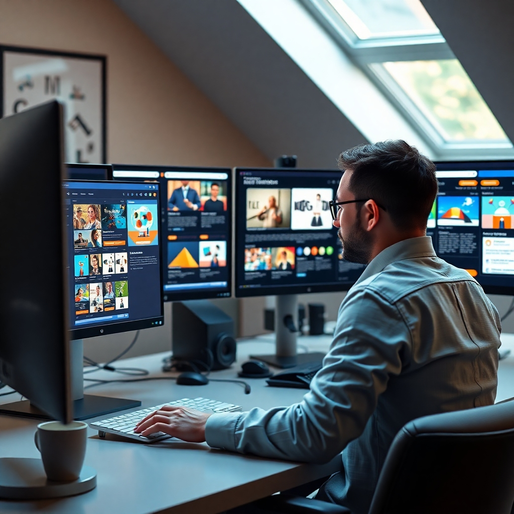 A photorealistic depiction of an intuitive web designer using AI tools to craft responsive website layouts. The composition features multiple monitors displaying various website designs, with animated web elements and user interactions. Soft, natural lighting illuminates the workspace, creating a warm and inviting feel. The color palette blends muted tones with vibrant highlights to enhance the designs. The camera angle captures the designer's concentrated activity while engaging with the technology. Textures emphasize the sleek surfaces of digital tools and modern furniture. The environment reflects a dynamic workspace where innovation thrives, inviting viewers into the world of responsive design.