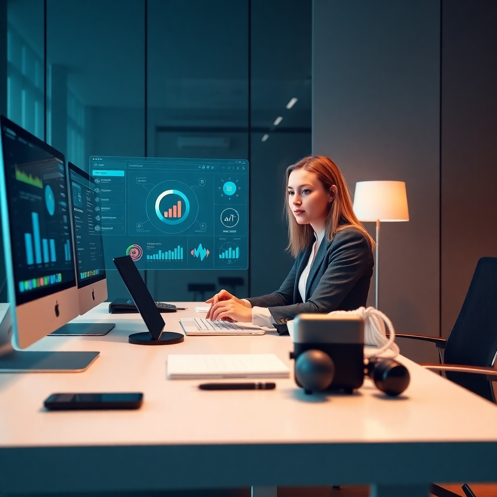  A photorealistic depiction of a virtual assistant setting up digital tools for a business client, showcasing an intuitive AI dashboard. The composition highlights a modern office setting, featuring a sleek desk and the assistant's holographic interface. Soft, warm lighting creates a professional yet inviting atmosphere. The color palette utilizes cool tones with pops of color to accentuate the technology. The camera angle focuses on the interaction between the client and the digital assistant, showcasing collaboration. Texture details include polished surfaces and interactive screens. The environment includes gadgets and high-tech tools, referencing the integration of AI into everyday business tasks, captured in stunning detail.