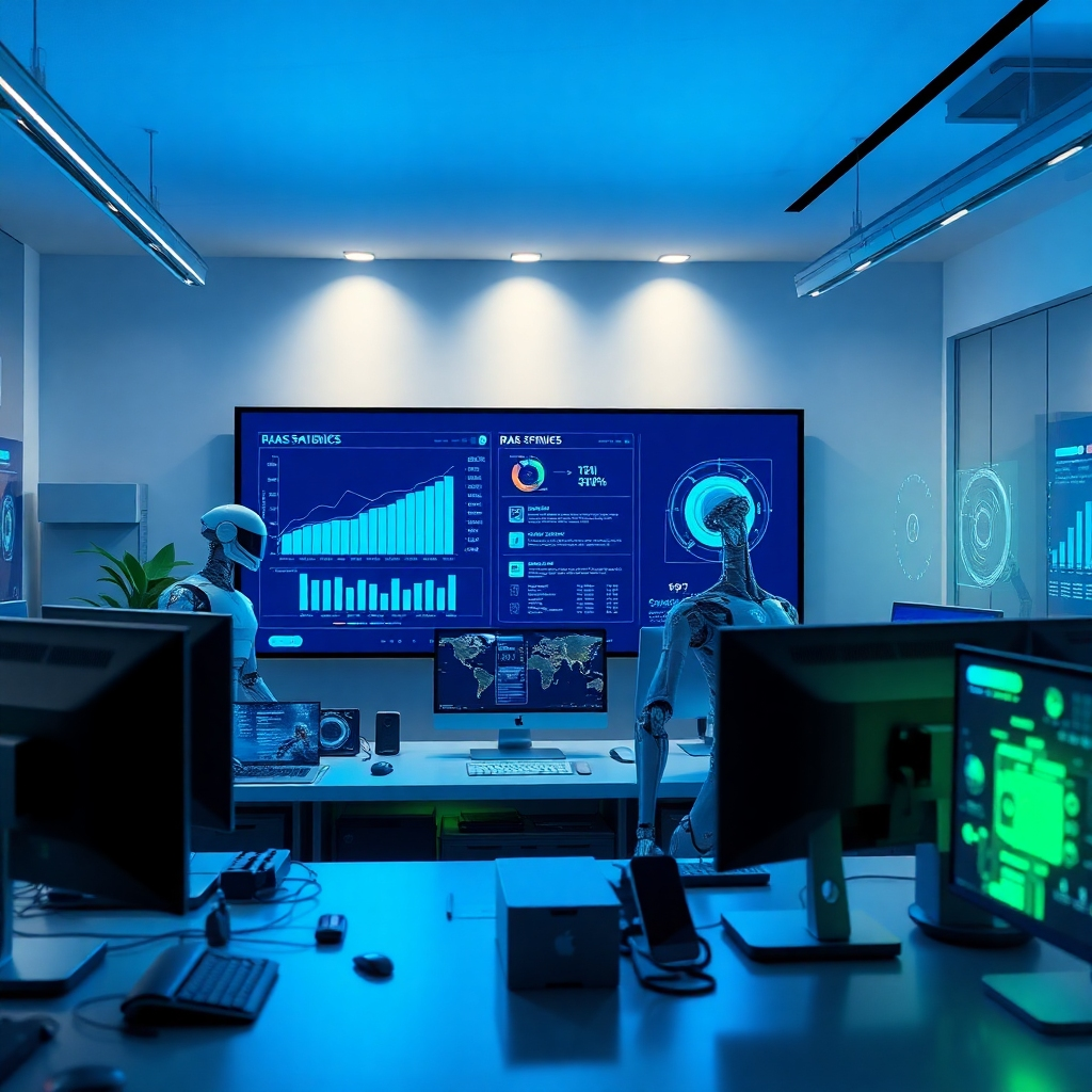 A photorealistic header image representing 'Raas First', showcasing a modern workspace filled with advanced technology. The composition features a sleek workspace with a large screen displaying AI analytics, a futuristic robot assisting a team, and vibrant holographic interfaces. Light sources are strategically placed for dramatic highlights, creating a sense of innovation. The color palette includes blues and greens, emphasizing technology and growth, with a clean, minimalistic design. The camera angle captures a wide view of the scenario. Textures are crisp, adding detail to surrounding tech gadgets. The environment includes desktop computers, smart devices, and digital screens. The style references a modern tech agency, shot in 8K resolution, hyperrealistic quality.