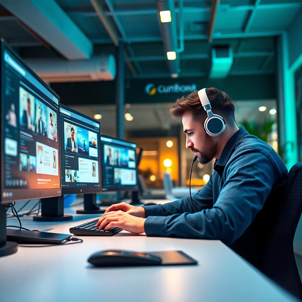 A photorealistic image of a web developer crafting a responsive website, using AI design tools, highlighted by multiple screens displaying various design stages. The modern workspace is filled with innovative tech gadgets. Bright, ambient lighting creates a welcoming atmosphere. The color palette incorporates blues and greens, suggesting creativity and technology. The camera angle gives insight into the designer's workflow, capturing the focus on innovation. Textures add depth, showcasing the sleekness of modern design interfaces. The environment reflects a contemporary digital workspace, emphasizing the art of web creation.