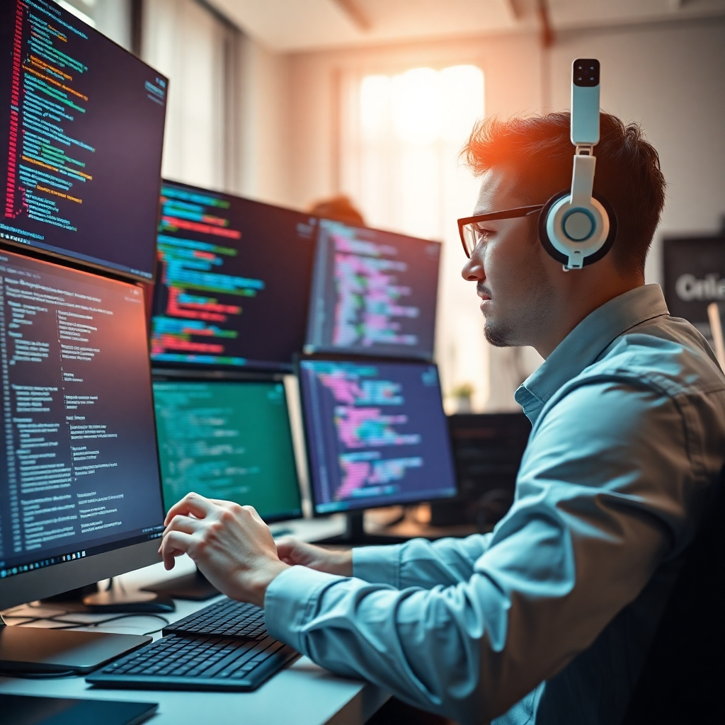 A photorealistic image showcasing a developer programming an AI chatbot, surrounded by screens displaying code and chatbot interactions. The workspace is professionally designed, creating a focused atmosphere. Soft, natural lighting flows in, adding warmth to the scene. The color palette involves sophisticated tones signifying technology. The camera angle captures the developer's expertise and the modern tools utilized. Textures reflect the cutting-edge technology surrounding the workspace. The environment suggests a high-intensity development setting, driven by innovation and precision.