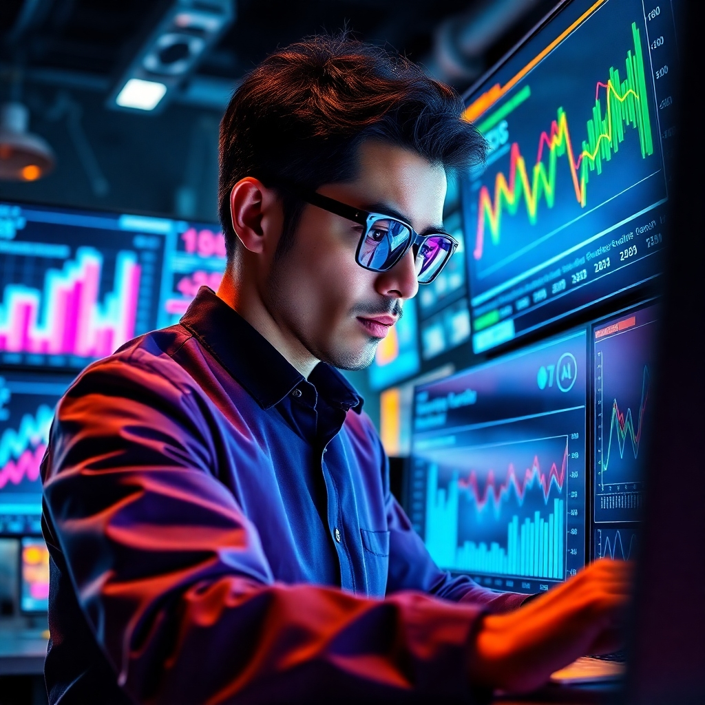 A photorealistic image showcasing a futuristic digital marketing strategist using an AI tool on multiple screens. The composition features a dynamic workspace filled with visual data charts and predictive analytics. Bright, focused lighting sets the scene for a vibrant, cutting-edge workplace. The color palette utilizes strong contrasts with neon accent colors emphasizing data-driven insights. The camera angle captures close-ups of the strategist engaging with the data, highlighting concentration and innovation. Texture details show sleek hardware and user-friendly interfaces. The environment suggests high-tech equipment and monitors, creating a visual narrative of future-oriented strategies, depicted in stunning clarity.