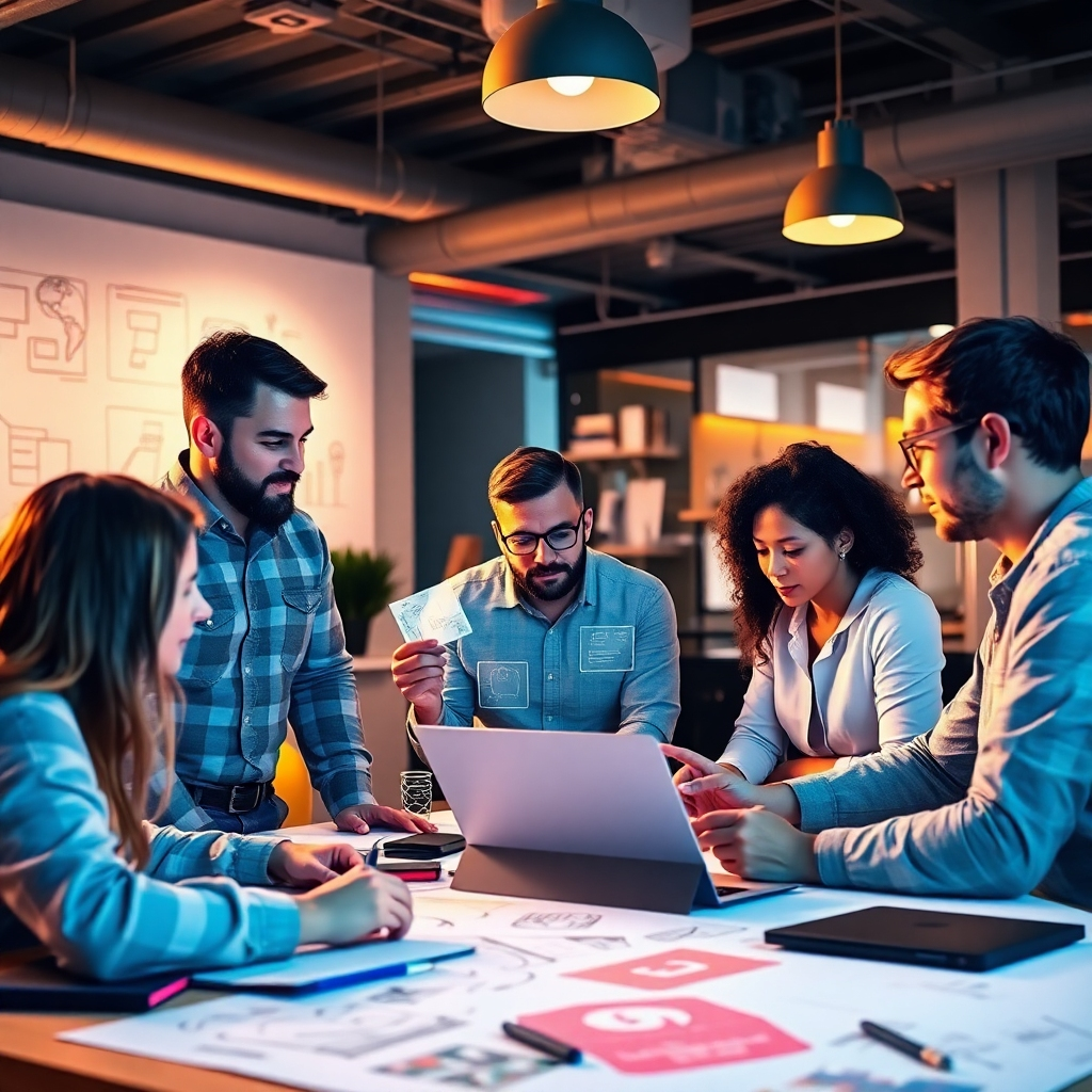 A photorealistic view of a team of developers brainstorming website concepts with AI tools, surrounded by sketch designs and dynamic interfaces. The composition features a modern workspace that’s collaborative and creative. Bright, warm lighting casts a productive glow, inviting engagement. The color palette incorporates soft and striking colors, promoting creativity. The camera angle shows overlapping visuals of sketches and digital elements, enhancing the design aspect. Texture details highlight creative clutter and high-tech devices. The environment promotes a culture of innovation and teamwork, reflecting the reimagining of web development.