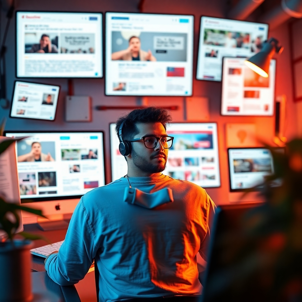 A stylized image featuring a content creator surrounded by digital screens displaying various content types, highlighting articles, videos, and social media posts. The composition emphasizes a lively, collaborative environment where creativity thrives. Warm lighting enhances the ambiance, making it feel dynamic. The color palette combines soft hues with eye-catching accents to attract attention. The camera angle captures the interaction between the creator and AI content suggestions, highlighting a blend of technology and creativity. The textures around the workspace evoke inspiration, reflecting high-quality production. The environment suggests a bustling content creation hub, brimming with ideas.