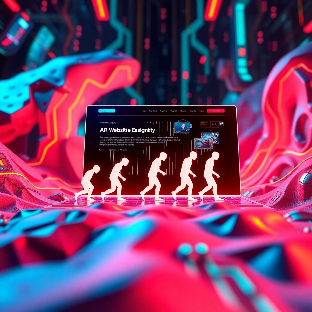  A stylized image illustrating digital evolution, featuring a evolution-themed graphic of a website morphing from basic to complex AI designs. The composition is vibrant, with futuristic digital elements showcasing transitions. Bright colors with a tech-oriented palette create an engaging visual narrative. The camera angle provides a dynamic view of the website evolution process, emphasizing innovation. Texture details surround the graphic, showcasing smooth transitions and sleek designs. The environment suggests a digital landscape transforming over time, capturing the essence of change. The final image should be captivating, emphasizing the progression through design, presented in high-quality resolution.