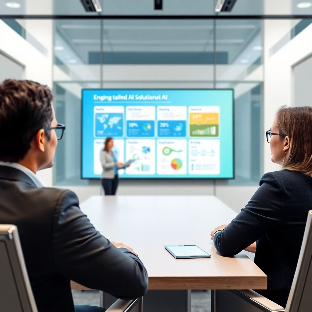  A stylized image of a consultant presenting tailored AI solutions to a client, set against a high-tech background. The composition features engaging infographics and solution layouts displayed on a large screen. Bright, clear lighting highlights the presentation area, creating a professional vibe. The color palette is balanced, featuring corporate blues and greens to signify trust and innovation. The camera angle captures the expression of both the presenter and the client, emphasizing engagement. Textures include the clean lines of modern furniture and detailed infographics. The environment suggests a cutting-edge conference room, encapsulating professionalism and collaboration in high resolution.