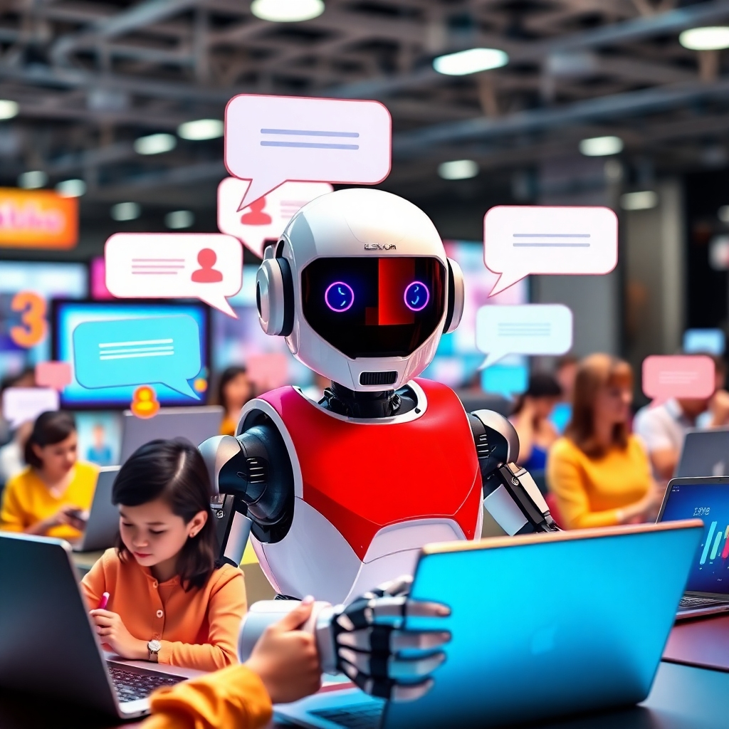 A stylized image of an AI chatbot engaging with customers on digital platforms, represented by chat bubbles emerging from multiple devices. The composition highlights a lively interaction environment with diverse users on smartphones and laptops. Bright, even lighting captures the energy of digital conversations. The color palette excels in vibrant colors that signify engagement and responsiveness. The camera angle emphasizes the chat interaction, showing expressions of curiosity and satisfaction. Texture details include digital screens and interactive graphics. The environment suggests a fast-paced digital marketplace, encapsulating the essence of AI-driven customer service.