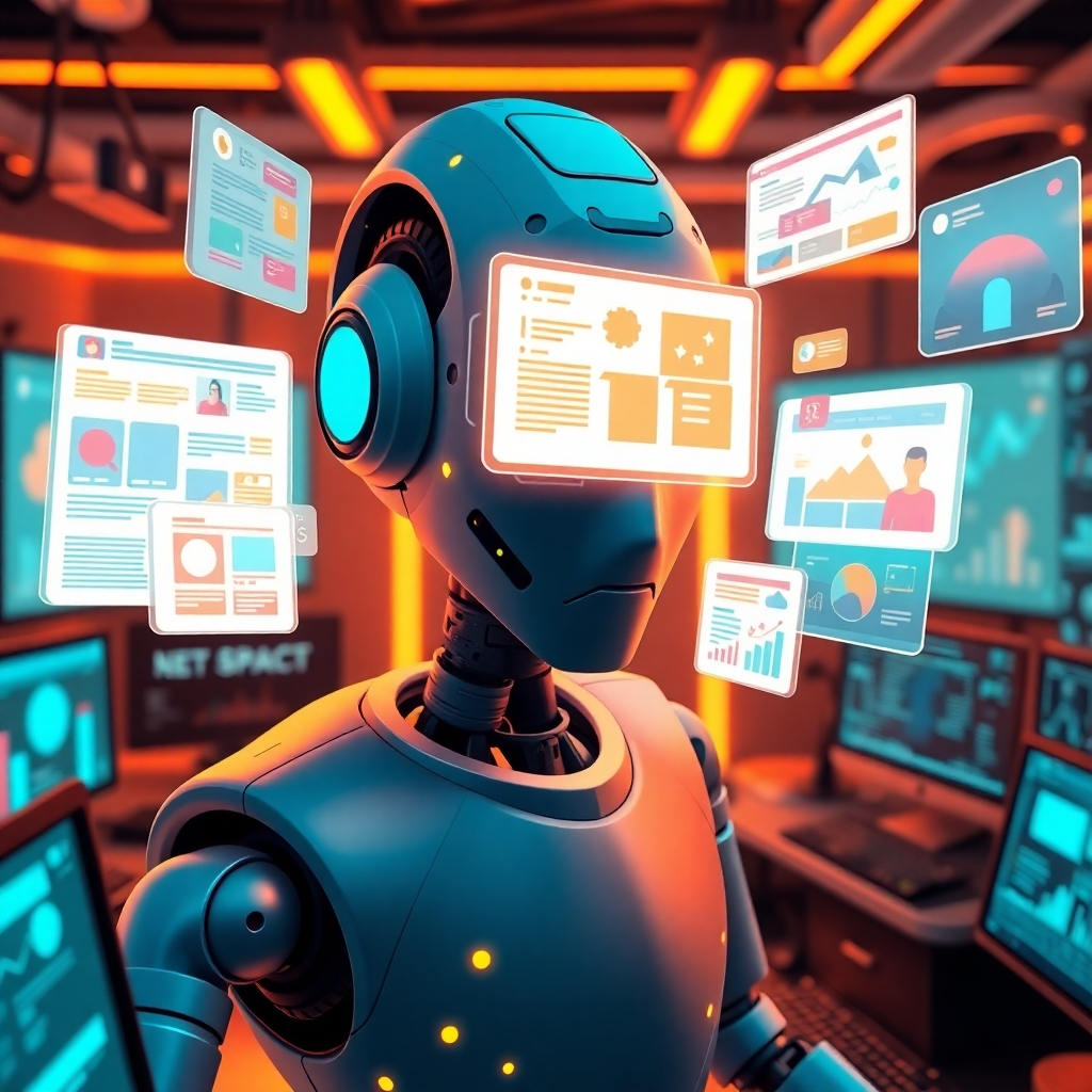 A stylized image of an AI creating diverse content types, showcased through floating digital panels with animated graphics of articles, videos, and images. The composition highlights a futuristic studio, filled with stylish technology and dynamic visuals. Warm lighting adds a creative flair, making the scene feel alive. The color palette incorporates vibrant and playful colors to reflect creativity. The camera angle focuses on the magical interaction of AI and content, embodying creativity and technology. Texture details enhance the surrounding environment, with sleek screens and intricate designs. The final image portrays an imaginative content creation landscape, bringing to life the power of AI.