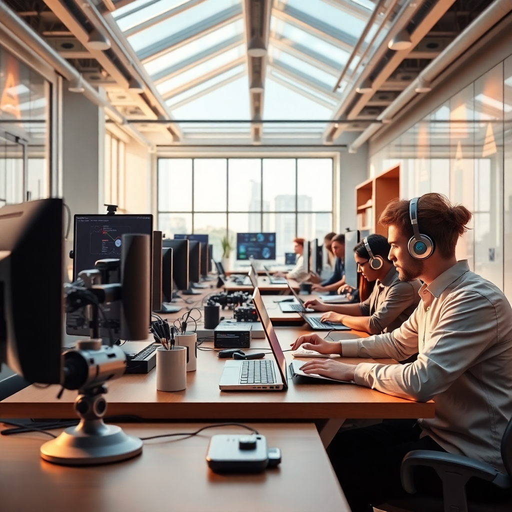 A stylized image showcasing a futuristic office filled with prototypes of AI solutions across various industries, set within a dynamic innovation hub. The composition emphasizes a creative environment where ideas come to life. Natural light floods the space, enhancing the aesthetics of the prototypes. The color palette balances neutral tones with vibrant accents to signify innovation. The camera angle captures the workflow of multiple teams collaborating on AI-driven solutions. Texture details emphasize modern design and advanced technology. The environment suggests a vibrant hub of creativity, portraying the essence of futuristic innovation in AI.