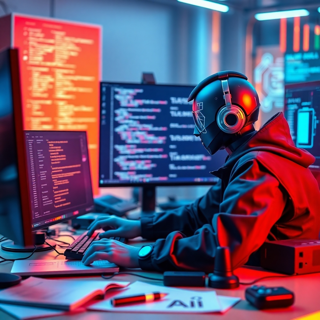 Conceive an engaging image that captures the essence of AI chatbot development. Show a developer programming an interactive chatbot on their computer, with code and chatbot visuals in the background. The environment should have a futuristic feel with technology-inspired lighting in cool tones. Props may include technical manuals, gadgets, and AI interfaces displayed on screens.