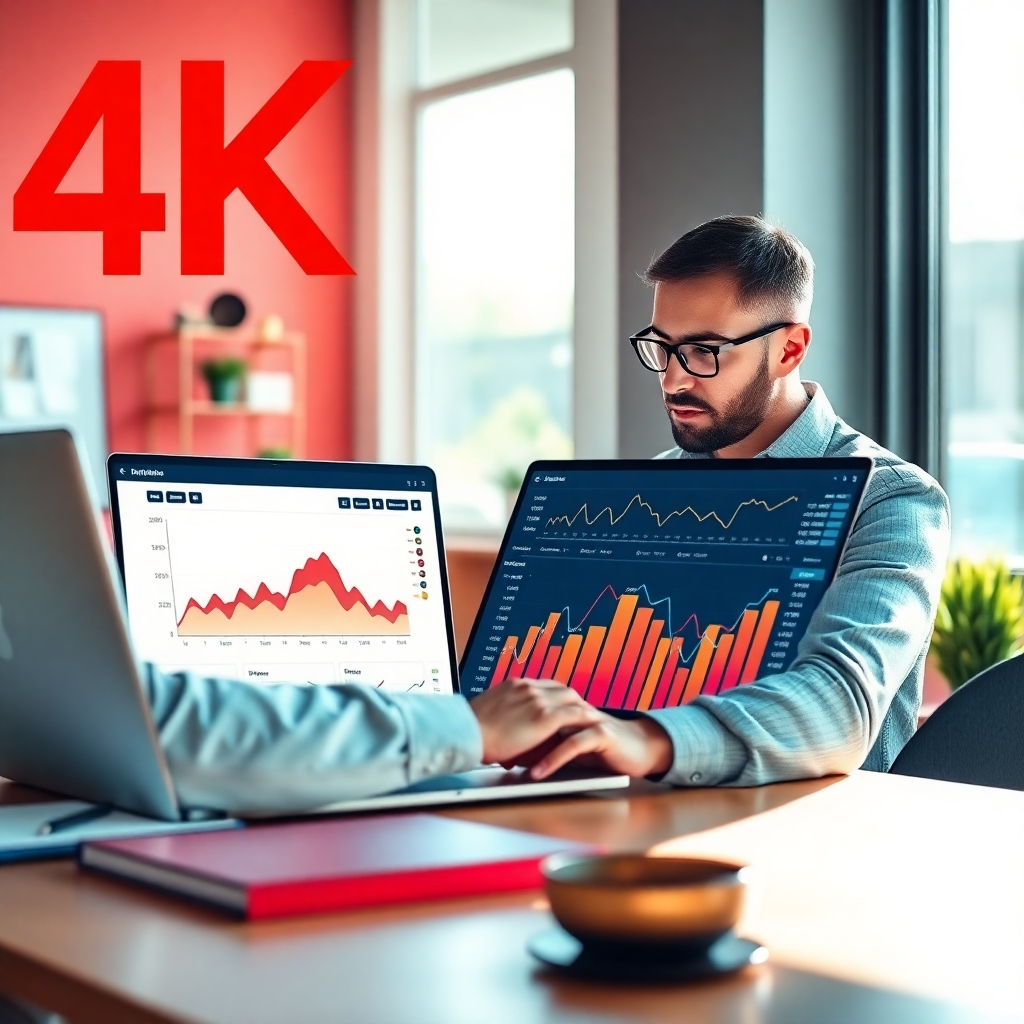 Craft a sleek 4K image highlighting the concept of website optimization. Depict a digital marketing expert inspecting a highly detailed analytics dashboard with vibrant graphs on a laptop. The workspace should be modern and tidy, with natural light streaming in, creating a motivating ambiance. The color scheme should include vibrant reds and oranges to signify activity and improvement.