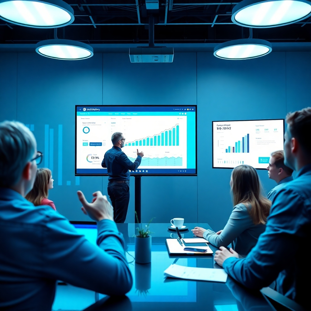 Create a dynamic 4K image that illustrates results-driven marketing strategies. Show a digital marketing analyst presenting successful campaign results on a high-tech screen, with stakeholders actively engaged. The lighting should be bright and stimulating, with a color palette of vibrant blues and greens to symbolize progress. Props like campaign analytics and client testimonials should enhance the visual narrative.