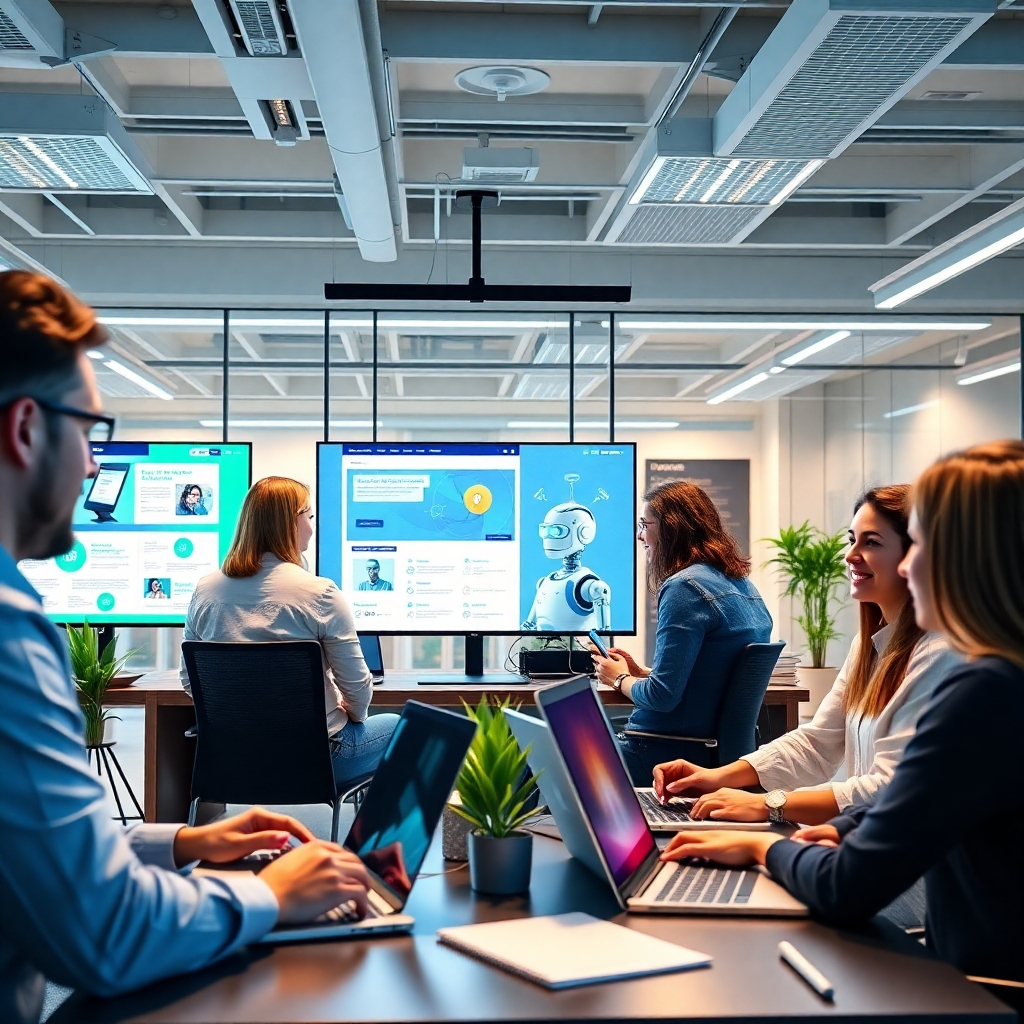 Create a photorealistic 8K image that captures the essence of a modern digital marketing agency. The scene features a sleek office filled with vibrant and diverse team members collaborating around high-tech screens displaying web designs and AI chatbots. The lighting is bright and inviting, highlighting the dynamic atmosphere. The color palette includes shades of blue and green, symbolizing innovation and growth. The composition should showcase teamwork, with laptops, notepads, and digital devices as props. The overall style is hyperrealistic, with sharp textures of modern furniture and screens.