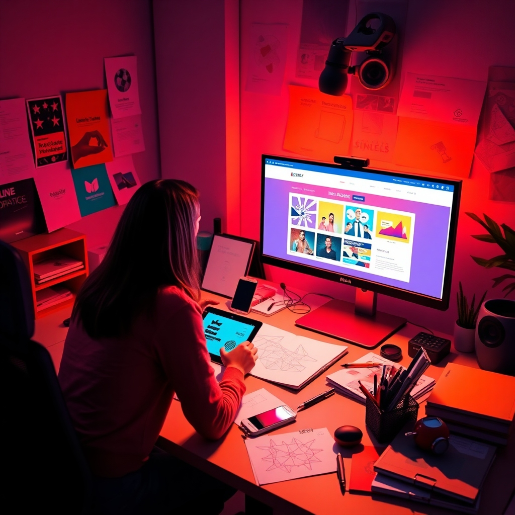 Create a vibrant 4K image that showcases the creative process of web design. The scene features a designer at a computer with colorful website mockups on the screen, surrounded by sketches and design materials. Bright, dynamic lighting captures the energy of creativity, with bold colors reflecting the latest design trends. Style the environment to include design tools like tablets and graphic design books.