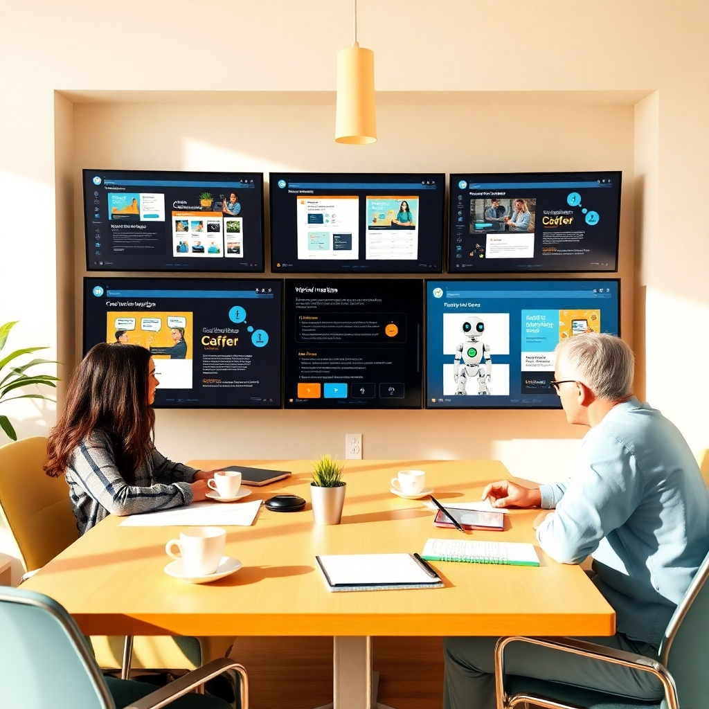 Design a high-quality 4K image symbolizing the mission of a digital marketing agency. The image should depict a creative workspace with a digital marketing team brainstorming ideas, surrounded by screens showcasing website designs and chatbot integrations. Soft, natural lighting enhances the professional yet vibrant environment. The color scheme should be warm and inviting, using touches of yellow and orange to evoke creativity. Relevant props like coffee cups, digital devices, and notebooks should be visible. Aim for a stylized, engaging composition that reflects innovation and teamwork.