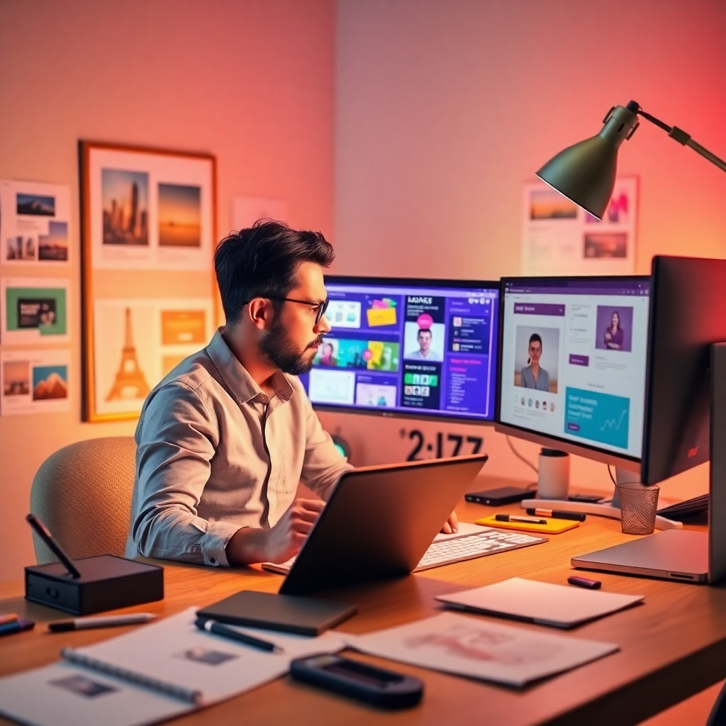 Design a modern image representing website creation services. The visual should depict a web designer at work, focused on the screen while colorful website templates and design tools surround them. The lighting should be warm and bright, encouraging creativity, with a color palette of pastel colors showcasing innovation. Include props such as tablet devices, sketch pads, and design software on the desk.
