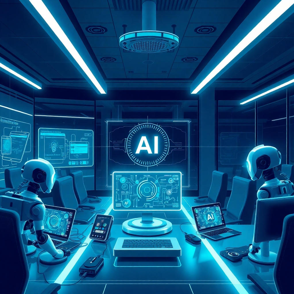 Illustrate a futuristic 4K image that showcases advanced AI solutions in action. The scene features an office with a central AI system interfacing with multiple devices, including voice-activated screens and smart assistants. The lighting is tech-inspired with glowing accents. Use a color palette that incorporates deep blues and silver, giving it a high-tech feel. Props like AI robots and smart gadgets are essential for conveying innovation.