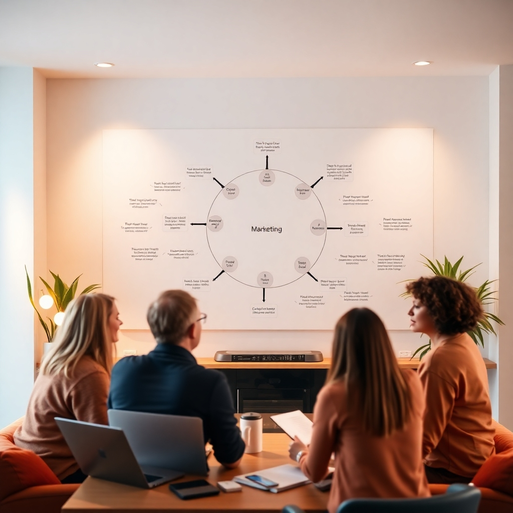 Imagine a cohesive 4K image exemplifying a holistic approach to digital marketing. Display a circular flowchart on a wall with various marketing elements connected, while a team discusses strategies in the foreground. Soft, inviting lighting should fill the room, complemented by a warm color palette of oranges and earthy tones. Relevant props could include strategy documents, laptops, and multimedia tools.