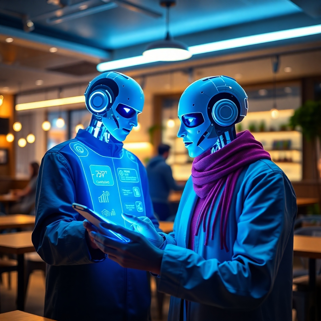 Imagine a futuristic 4K image representing AI chatbot innovation. Show a seamless interaction between a user and a chatbot interface on a mobile device, illuminated by soft blue light. The background should feature a modern café setting, where customers engage with technology naturally. The color palette should be cool and tech-inspired, emphasizing the chatbot technology with sleek graphics and clear interfaces.