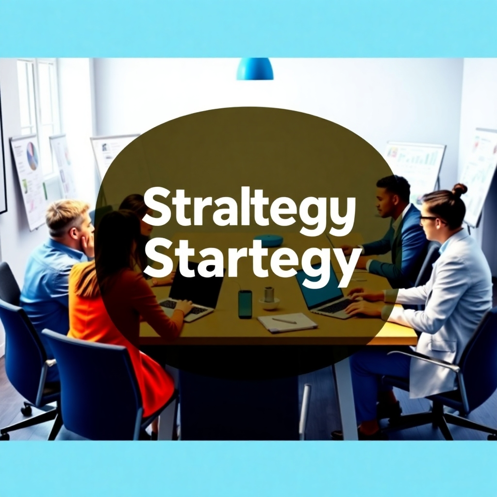 Visualize a strategic planning session in a vibrant image illustrating digital marketing strategy development. Picture team members gathered around a table, discussing strategies with charts and laptops open in front of them in a well-lit room. The color palette should include professional blues and whites, creating a corporate yet creative vibe. Relevant props include brainstorming boards, flyers, and digital devices charging in the background.