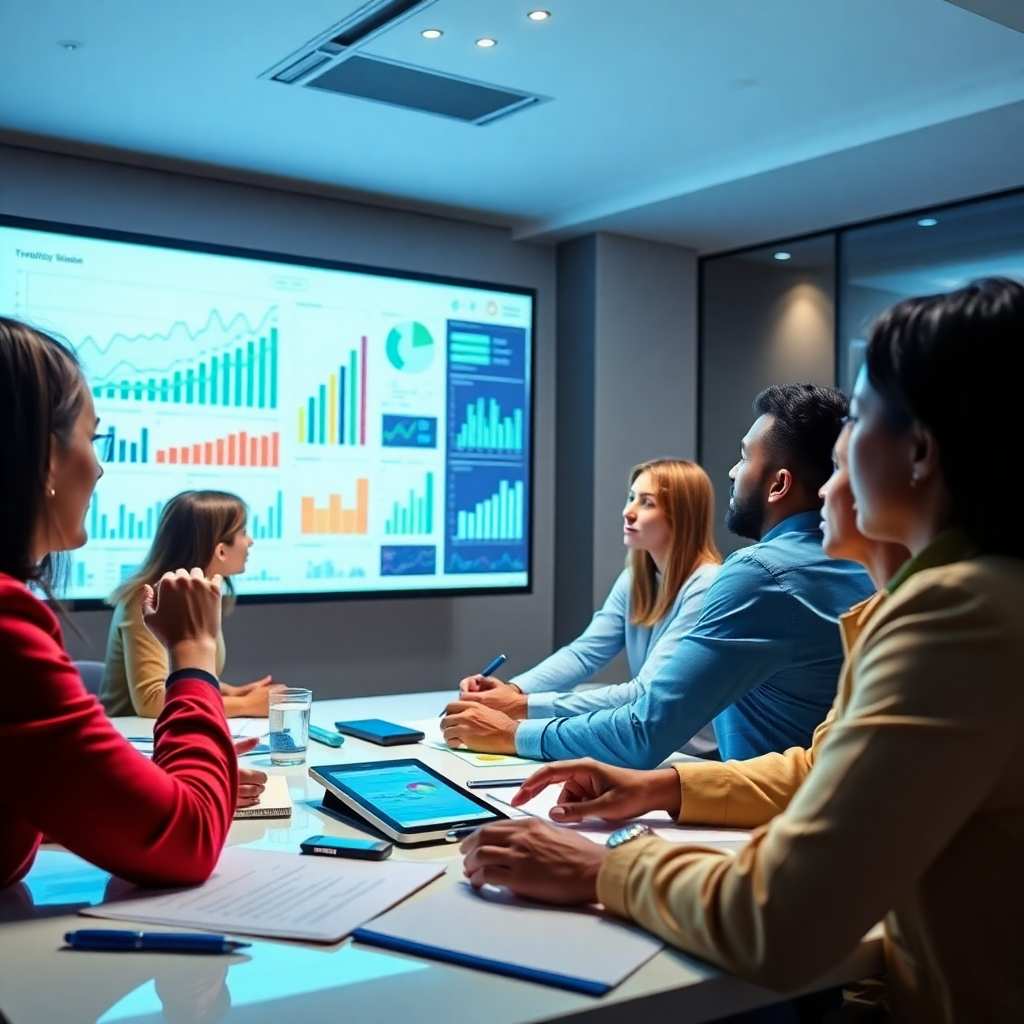 Visualize an inspiring 4K image that conveys strategic planning in digital marketing. Picture a diverse group of professionals engaged in a strategy session, analyzing trends on graphs and charts displayed on a large screen. The lighting should be bright and engaging, with a color palette of blues and greens, symbolizing growth and innovation. Include props like whiteboards filled with brainstorming notes and devices showing analytical data.