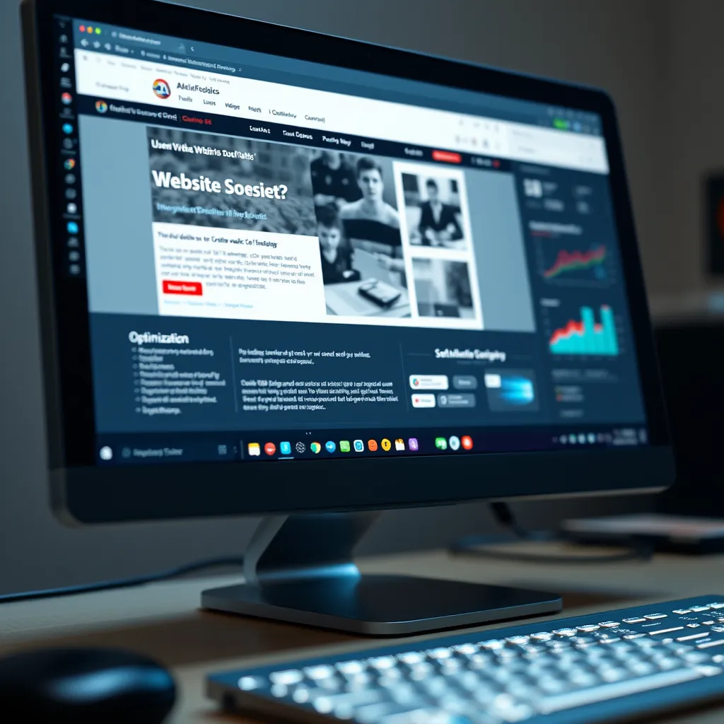 A close-up shot of a computer screen displaying a website being designed with an AI tool. The AI tool is showing a website layout with different elements like text, images, and buttons, highlighting the optimization process with data visualizations and user experience metrics.