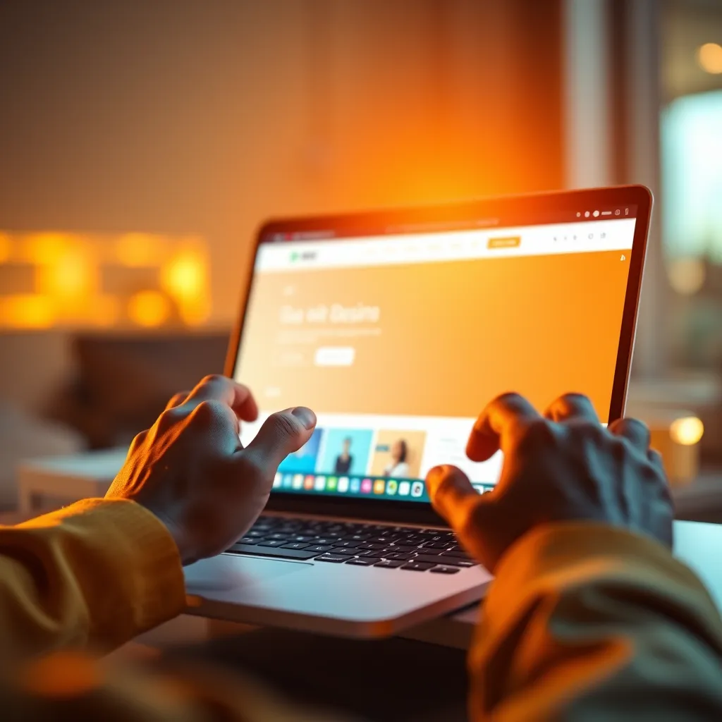 A close-up shot of a designer's hands hovering over a laptop screen, showing a website design being generated in real-time with an AI interface. The scene is filled with a soft, warm glow, highlighting the sleek lines of the laptop and the vibrant colors of the website design. The image should have a futuristic and modern feel, showcasing the power and convenience of AI web design. The laptop screen should display a website mockup with a clean, minimalist design and a bright, eye-catching color palette. The overall image should evoke a sense of excitement and innovation, emphasizing the transformative potential of AI in web design.
