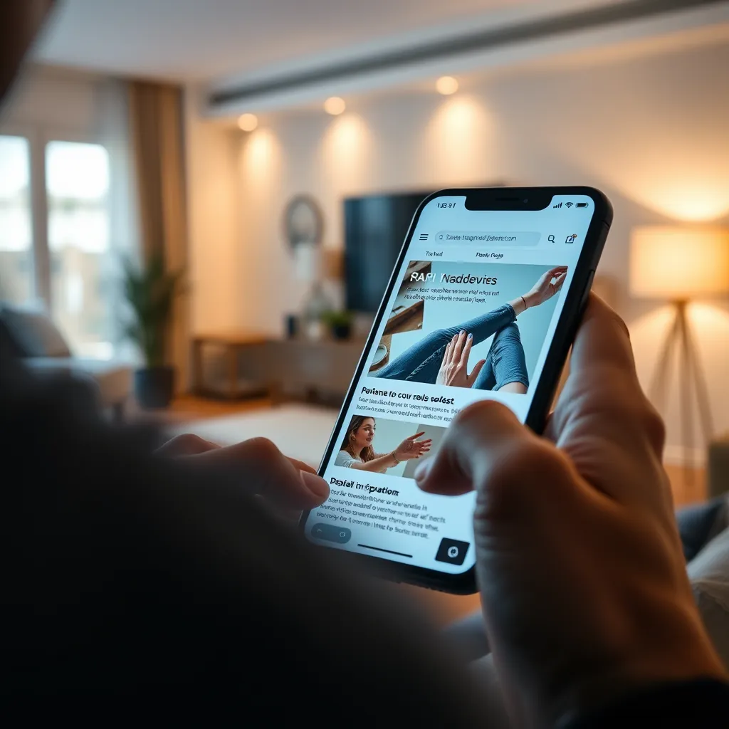 A close-up shot of a person browsing a website on their phone, with the screen displaying personalized content based on their interests. The scene should be set in a modern, minimalist living room, with soft lighting and a comfortable atmosphere. The phone screen should display a visually engaging website with high-quality images and clear, concise text. The overall image should convey a sense of personalization, engagement, and user satisfaction, highlighting the power of AI in creating compelling and relevant web content.