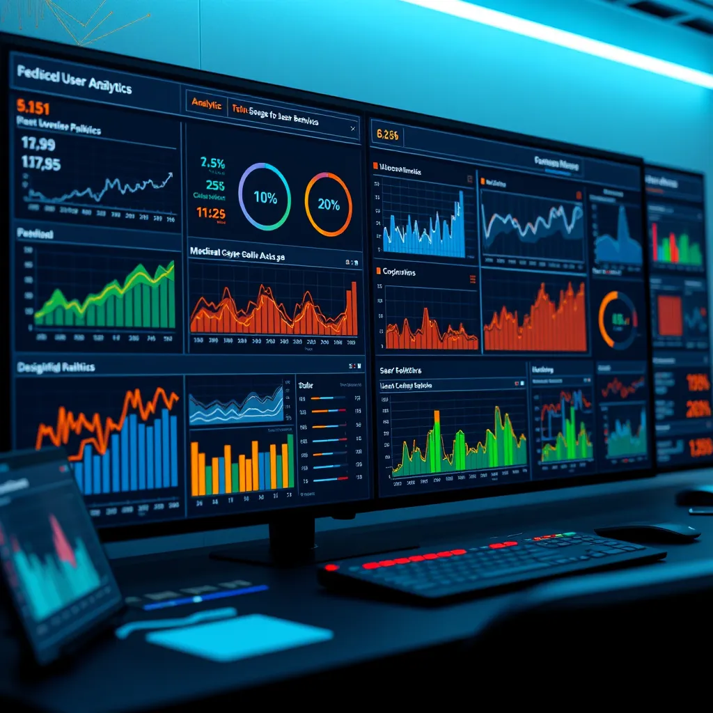 A dashboard filled with data visualizations and graphs, showcasing website analytics and user behavior. The data is being used to make design decisions and improve user experience. The image should focus on the visual representation of data and its impact on website optimization.