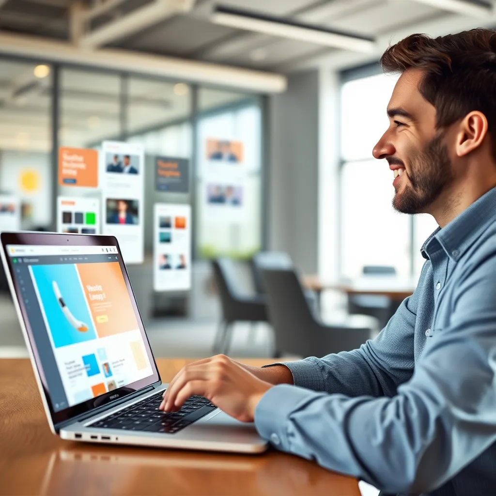 A designer using a laptop with a website design software, the screen shows a variety of website layouts generated by AI, with different color schemes and font styles. The designer is smiling and looking at the screen with a satisfied expression. The background is a modern office space with natural light.