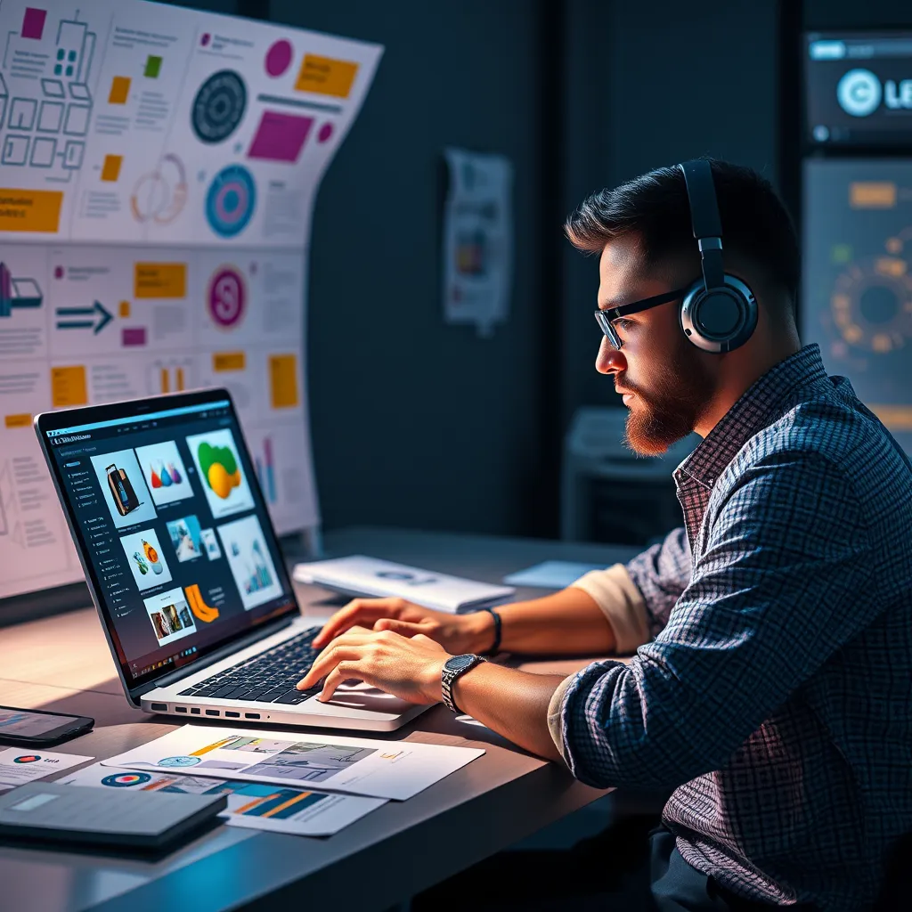 A designer using an AI web design tool on their laptop, surrounded by colorful design ideas and sketches, with a futuristic interface showing various website templates and layout options. The image should convey speed, efficiency, and creative inspiration.