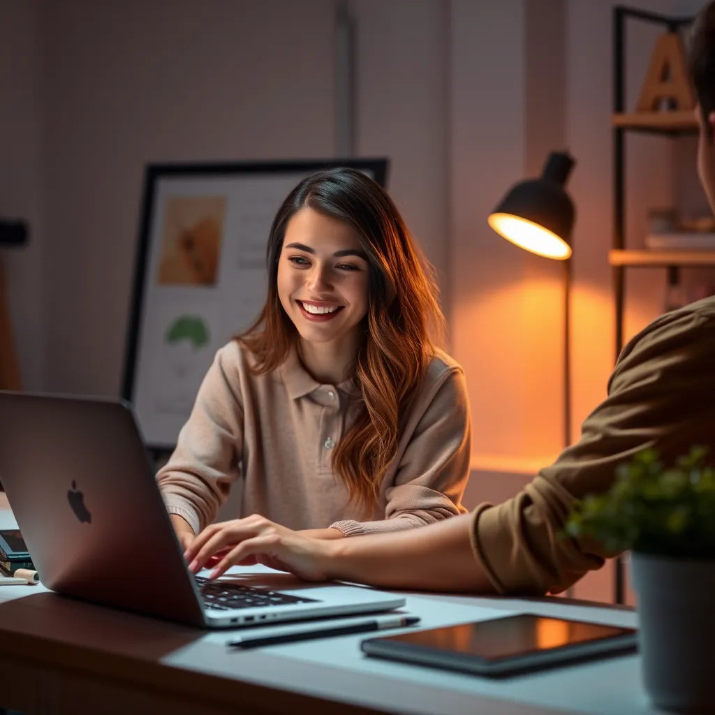 A designer working on a laptop, using AI-powered tools to automate tasks like generating color palettes, creating layouts, and optimizing images. The designer is smiling, feeling empowered by the time-saving and efficiency of AI.