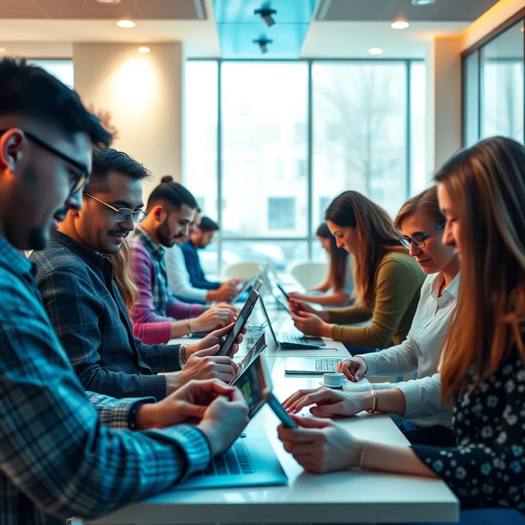 A diverse group of people, from different backgrounds, working on their own devices, using AI-powered web design tools to create stunning websites. The scene is bright and modern, showcasing the ease and accessibility of AI-driven design.