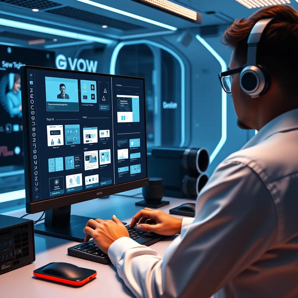 A futuristic workspace with a designer using a computer to create a website design. The screen shows various website layouts and elements generated by AI, alongside tools for customization. The designer is interacting with the AI through a holographic interface. The scene should have a sleek and modern aesthetic, highlighting the speed and efficiency of the process.