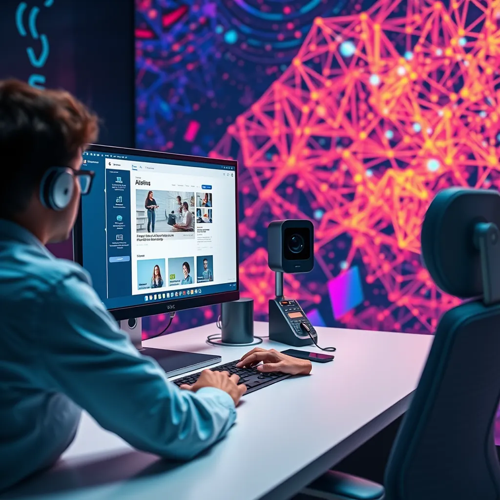 A futuristic workspace with a designer using a computer to design a website. The screen shows a website layout with AI-powered tools assisting in the design process. The background is a vibrant and abstract pattern representing AI algorithms.