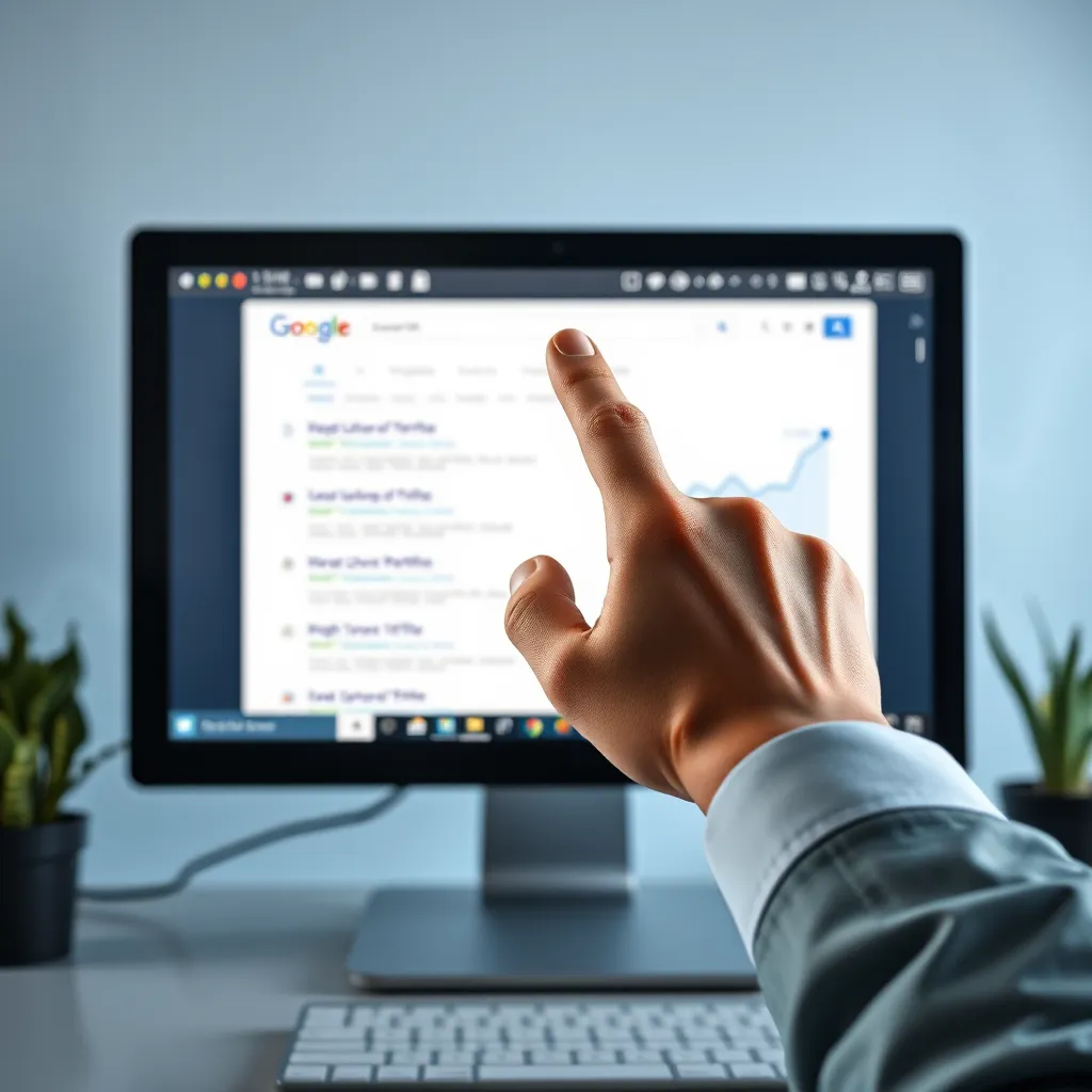 A hand pointing at a computer screen displaying a website with a high ranking in search engine results pages (SERPs). The background shows a graph representing website traffic growth. The image should have a clean and professional style.