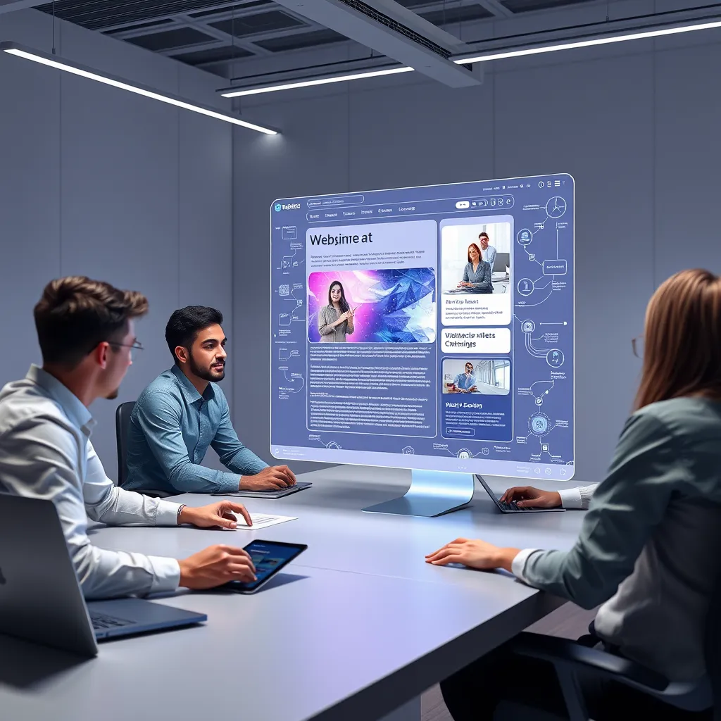 A hyperrealistic image of a team of web designers collaborating on a website project. They are surrounded by a futuristic, minimalist workspace. The image should focus on a large holographic screen displaying a website layout, with AI-generated content appearing in real-time. The content is engaging and informative, showcasing the platform's ability to create high-quality text and images. Soft, ambient lighting highlights the sleek, metallic surfaces of the workspace. Capture the dynamic energy and excitement of this innovative web design process. Render in 8K resolution, focusing on capturing the intricate details of the technology, the smooth curves of the holographic screen, and the textures of the surrounding environment.