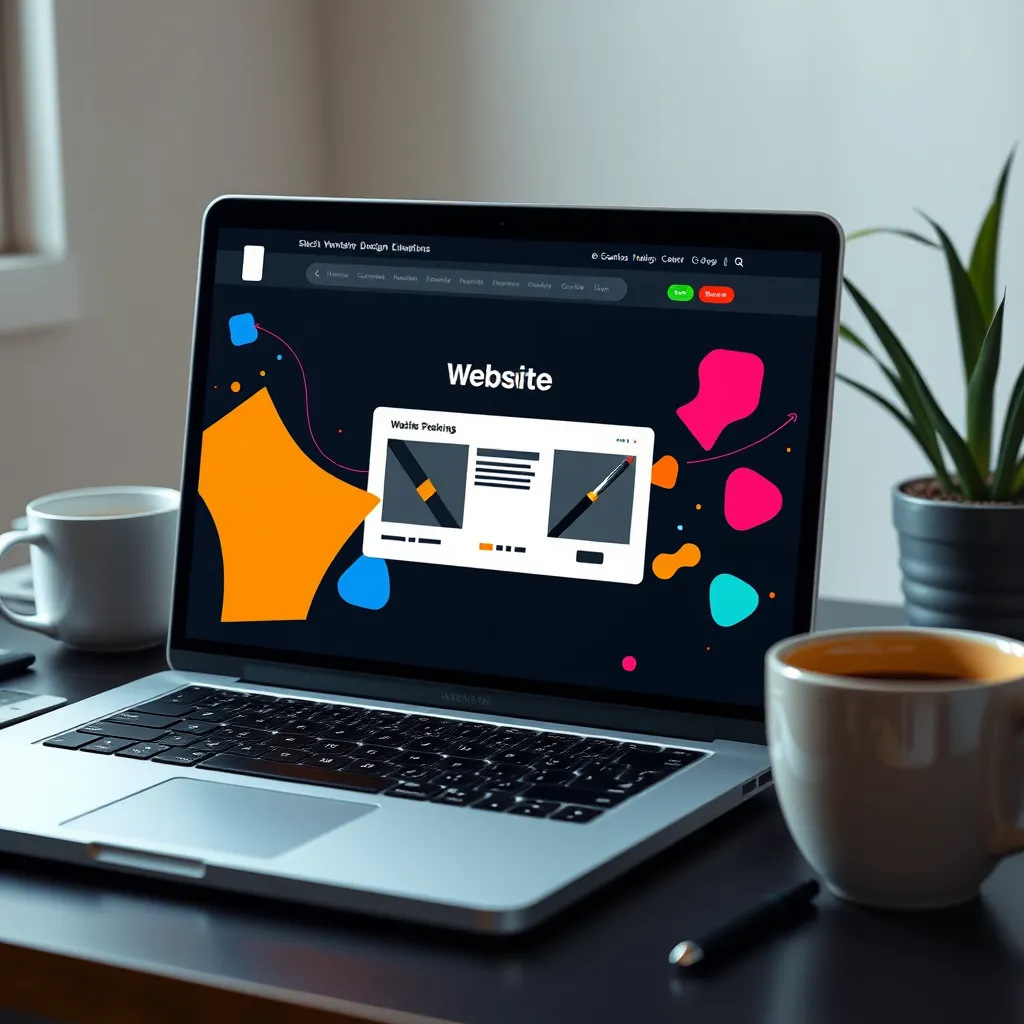  A modern, sleek website being created with a few clicks on a laptop screen, surrounded by colorful abstract shapes representing design elements. The laptop is placed on a desk with a cup of coffee and a plant in the background.