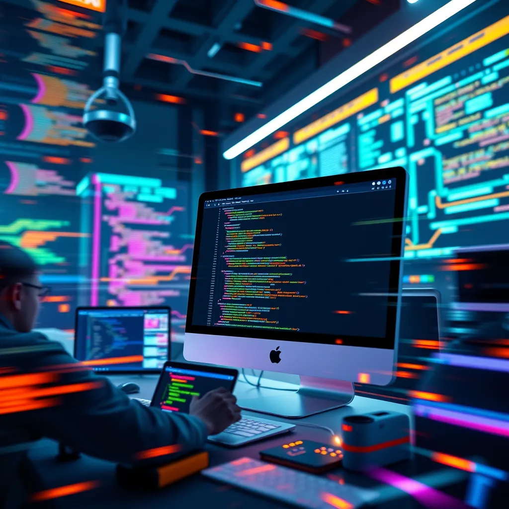 A modern website with sleek design is being built rapidly by a team of developers using AI tools, surrounded by code snippets and interface elements.  The image should have a futuristic feel, with vibrant colors and a focus on speed and efficiency.