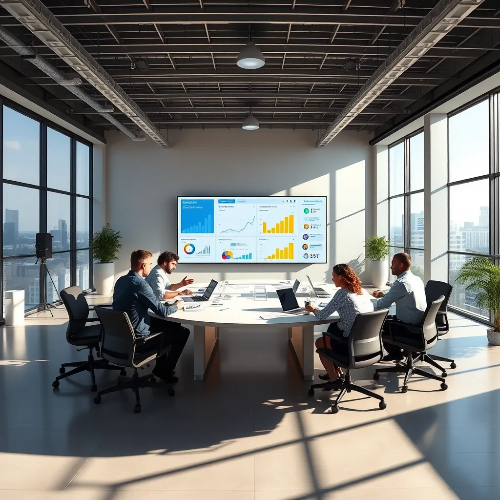 A panoramic view of a large, modern office space where a team of designers is collaborating around a table. The table is covered with charts and graphs, all displaying data related to website performance. A large screen in the background shows a website mockup with various elements highlighted in different colors, symbolizing the AI's analysis. The lighting is bright and natural, casting long shadows across the room. The image should convey a sense of professionalism, teamwork, and technological advancement, emphasizing the power of AI in optimizing website performance.