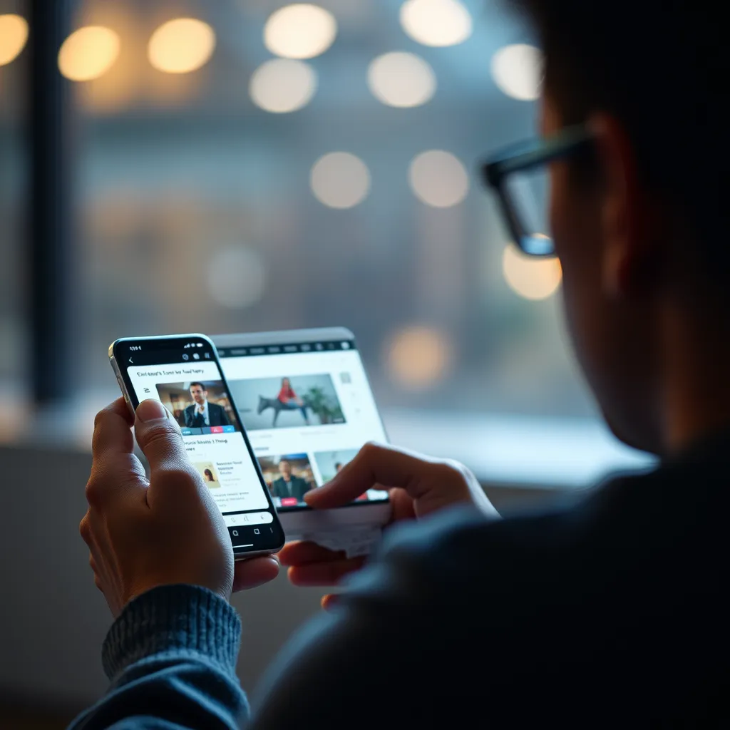 A person browsing a website on their smartphone. The website adapts its layout and content based on the user's preferences, displayed through a dynamic and personalized interface. The scene should focus on the user's interaction with the website, showcasing how AI creates a tailored experience.