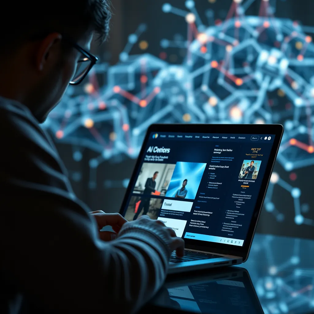 A person browsing a website on a laptop, with the website dynamically adapting to their preferences and interests. The background shows a visual representation of data being analyzed and processed by AI algorithms, creating a personalized web experience.