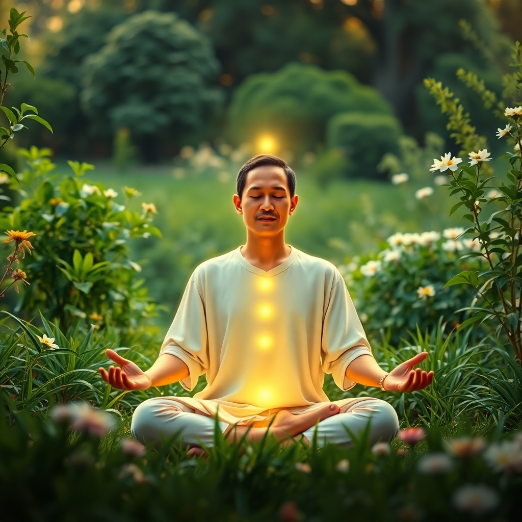 A photorealistic image depicting a person meditating in a serene garden. The person is surrounded by glowing energy, symbolizing inner peace and abundance. The background is a lush and vibrant landscape. Lighting is soft and warm, creating a sense of calm and tranquility. Dominant colors are green, gold, and white. Camera angle is a medium shot, focusing on the person and their surroundings. Texture details highlight the details of the garden and the person's expression. Style reference: Incorporate elements of Zen and mindfulness. The overall image conveys a sense of peace and abundance.