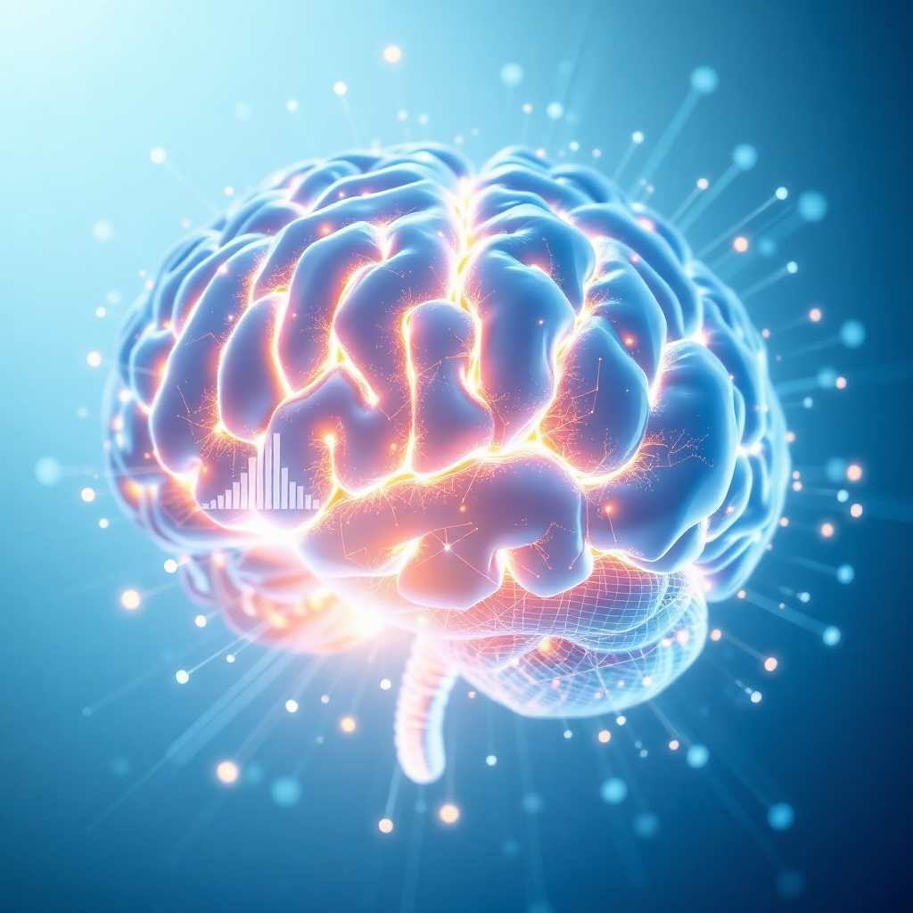 A photorealistic image depicting a glowing AI brain with intricate neural networks. The brain is surrounded by data streams and holographic projections, symbolizing the vast knowledge and capabilities of AGI. The background is a clean, minimalist design. Lighting is soft and diffused, creating a sense of intelligence and clarity. Dominant colors are blue, white, and gold. Camera angle is a close-up, focusing on the brain and its intricate details. Texture details highlight the texture of the brain and the data streams. Style reference: Incorporate elements of neuroscience and artificial intelligence. The overall image conveys a sense of intelligence and potential.