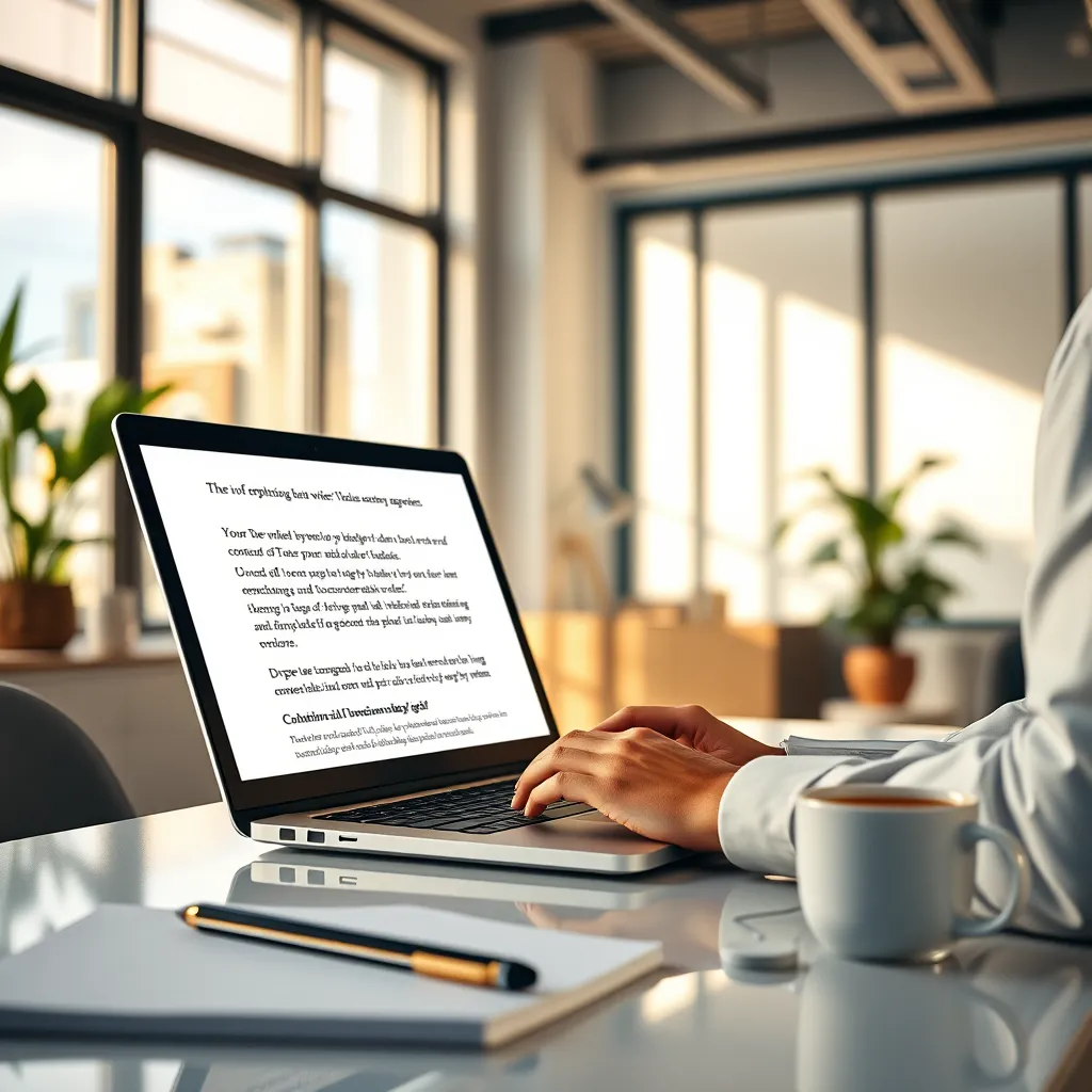 A photorealistic image of a content writer working on a laptop in a modern, bright office setting. The screen displays a draft of a website page with captivating text, relevant keywords, and compelling calls to action. The writer is sitting at a sleek desk with a notepad, pen, and a cup of coffee. The office is filled with natural light, creating a warm and inviting atmosphere. The image should have a vibrant color palette and a focus on the writer's focused expression and the engaging text on the screen. The image should be captured from a slightly low angle, emphasizing the writer's creative process. The image should be in 8K resolution and hyperrealistic, with attention to detail in the textures of the clothing, office supplies, and the laptop screen. Style reference: in the style of a professional lifestyle photography.