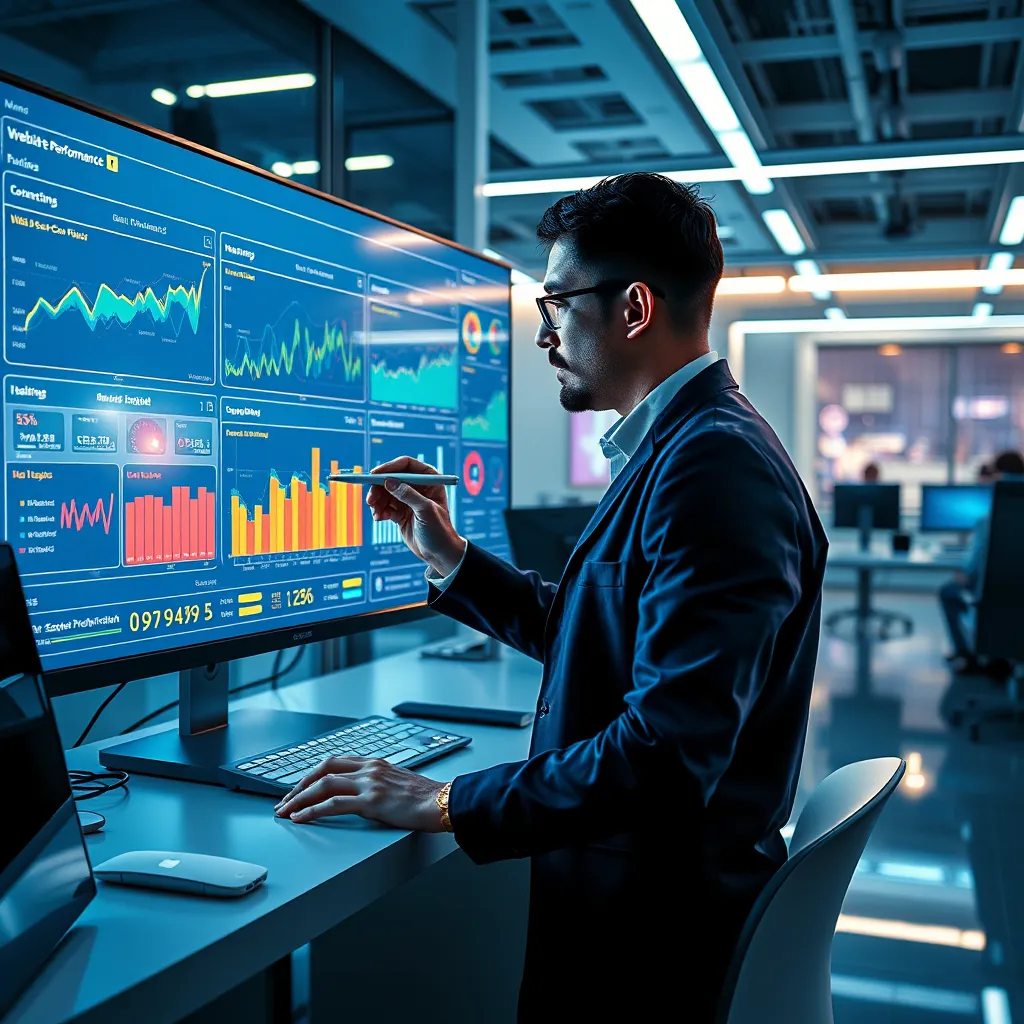 A photorealistic image of a data scientist analyzing website performance data on a large monitor. The screen displays colorful graphs and charts showcasing website traffic, user behavior, and search engine ranking. The scientist is wearing professional attire and is using a stylus pen to interact with the data on the screen. The scene is set in a modern, high-tech office with sleek furniture, bright lighting, and high-tech equipment. The image should have a cool and futuristic color palette with dramatic side lighting. The overall mood should be one of innovation, data-driven decision making, and strategic optimization. The image should be in 8K resolution and hyperrealistic, with attention to detail in the textures and materials of the technology and office environment. Style reference: in the style of a science fiction film.